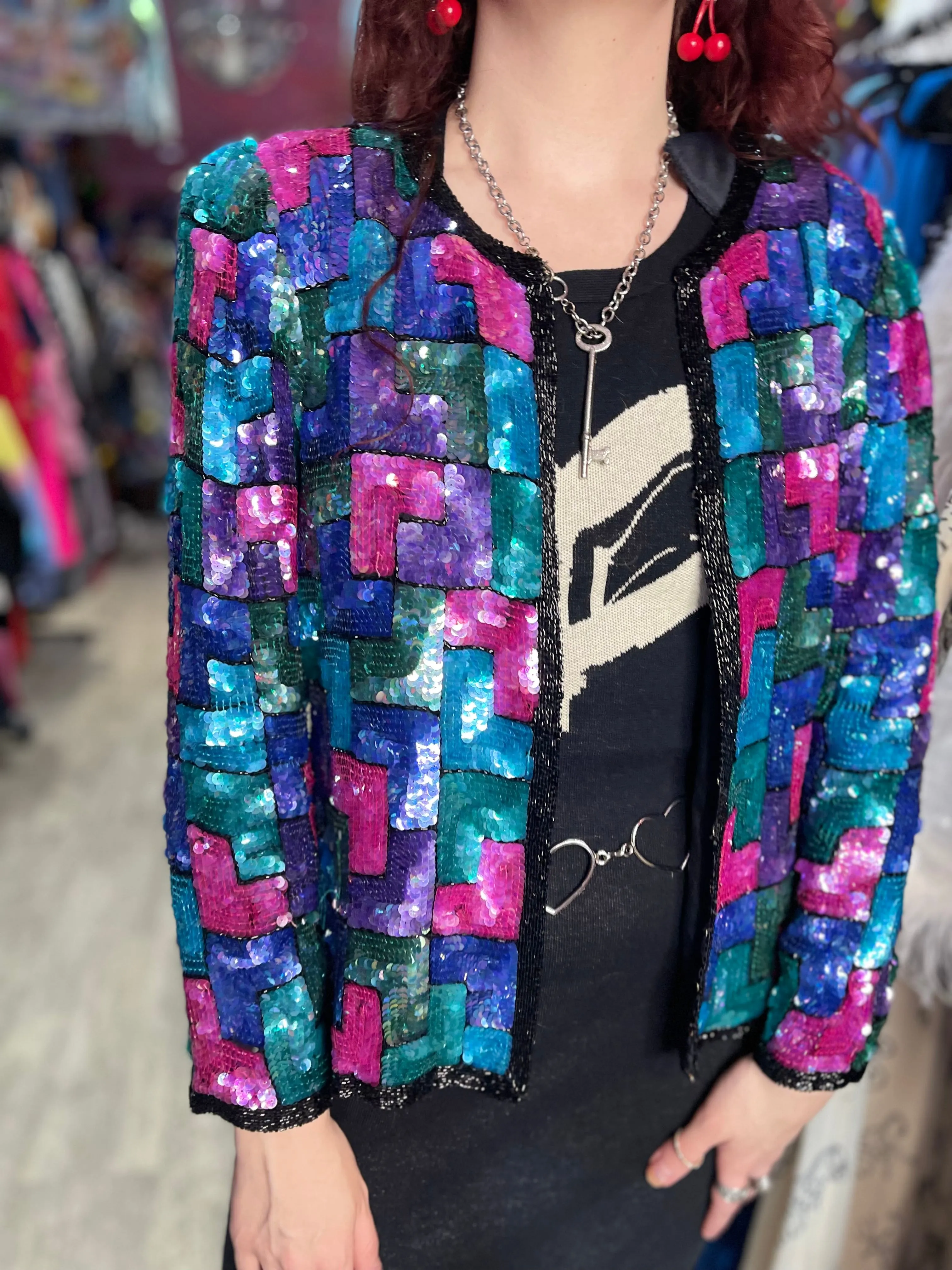 Vintage 80s Geometric Sequin Bolero Jacket