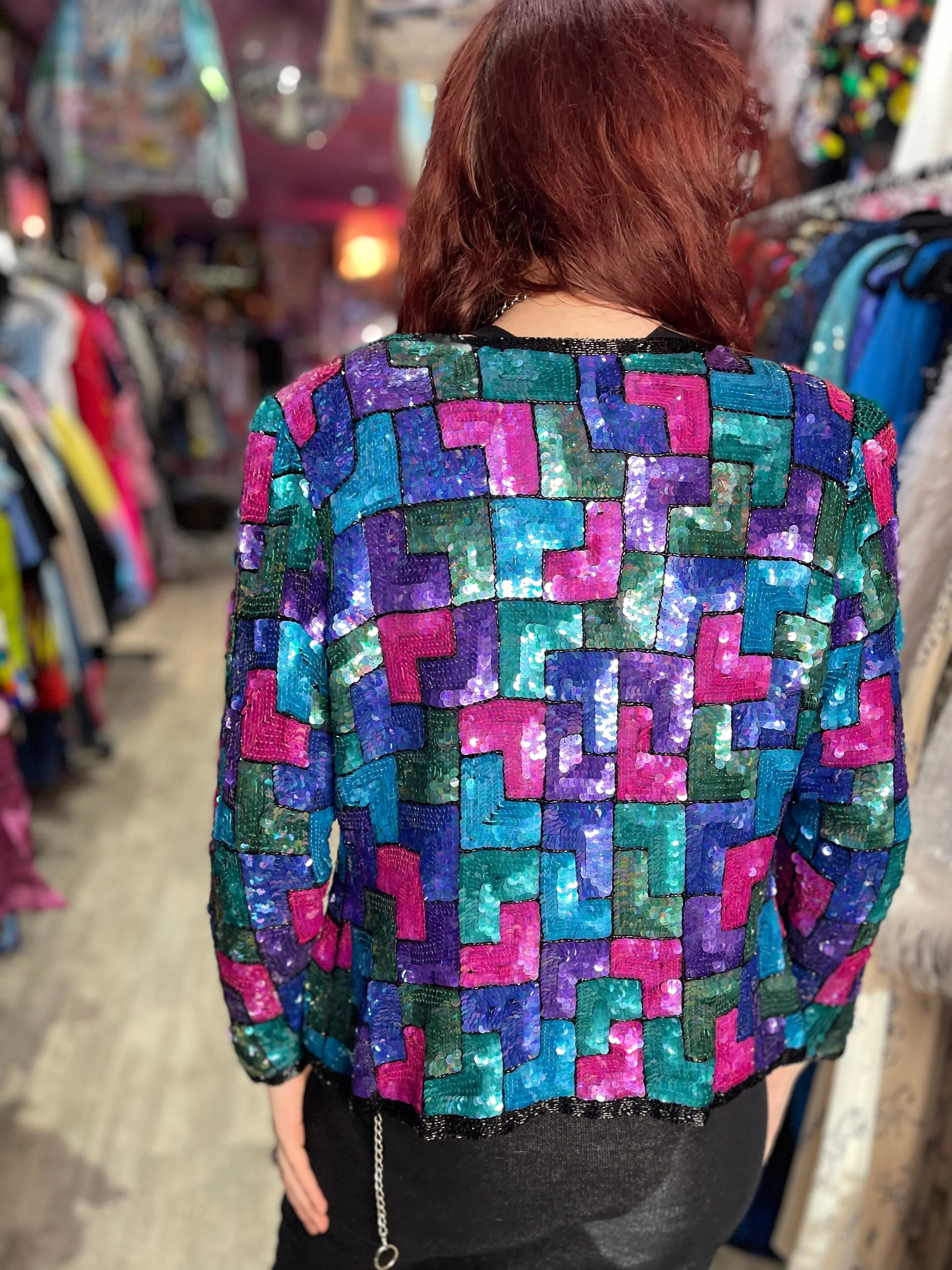 Vintage 80s Geometric Sequin Bolero Jacket