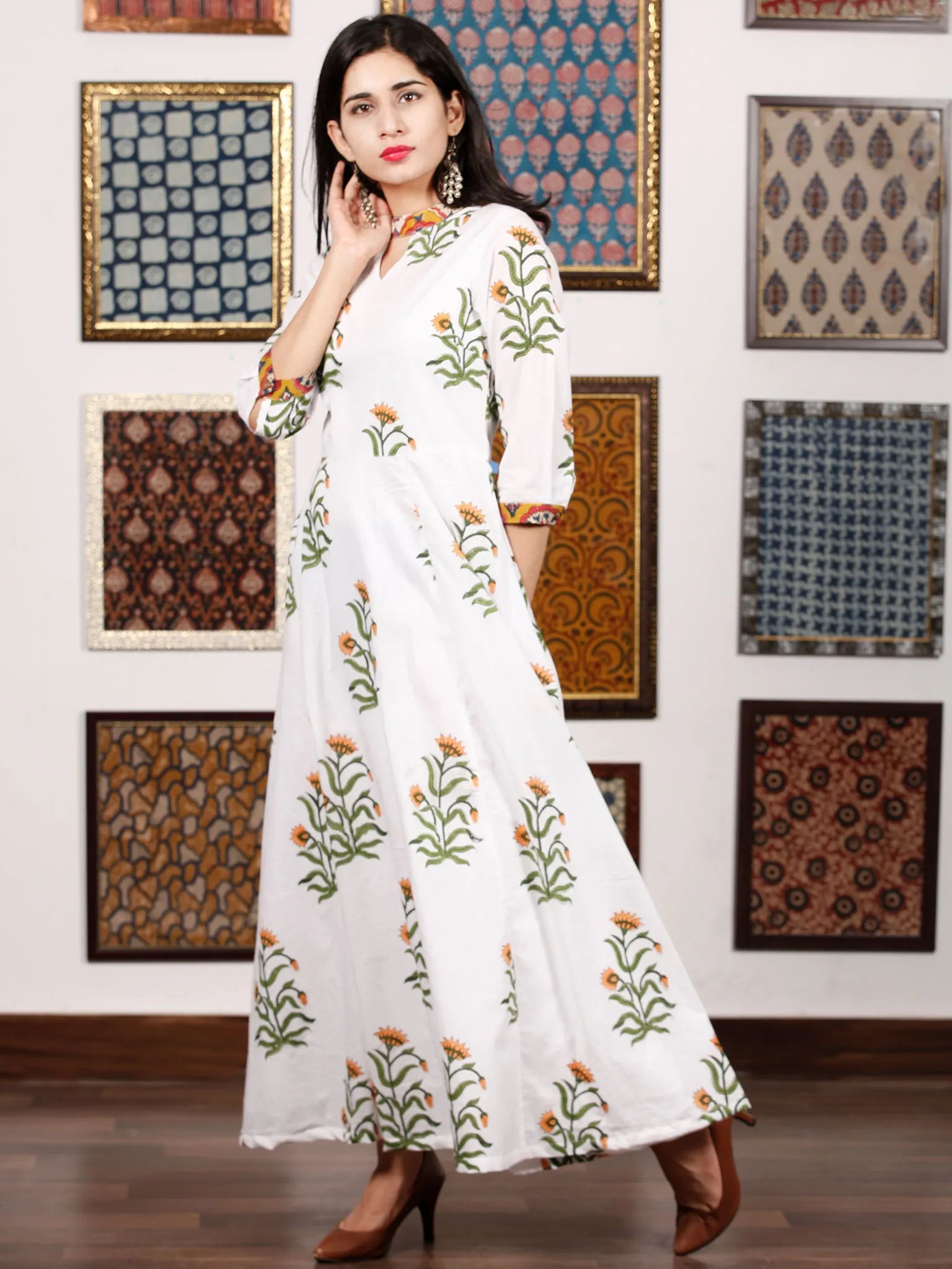 White Mustard Green Hand Block Printed Panel Cotton Long Dress - D282F1499