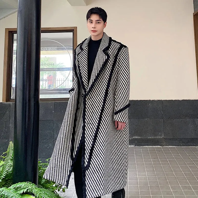 Winter Men's Woolen Long Coat Thickened Weave Twill Lapel Wool OverCoat Korean Style Windbreaker Trend Autumn 9C3302