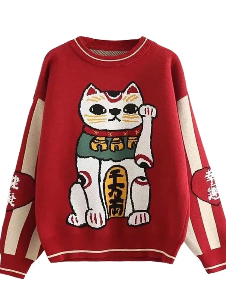 Women Cartoon Lucky Cat Embroidery Red Sweaters Harajuku Kawaii Knitted Pullover Winter Long Sleeve O-Neck Sweater