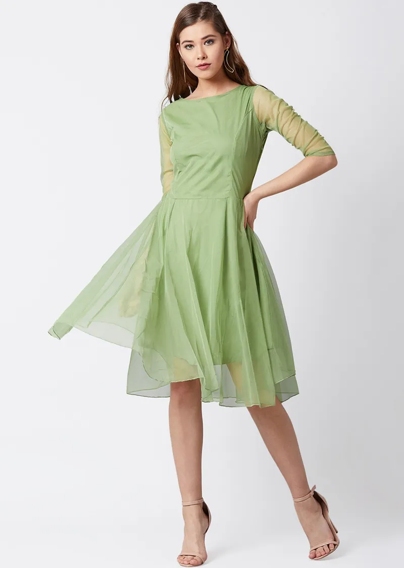 *Women Green Solid Fit and Flare Dress