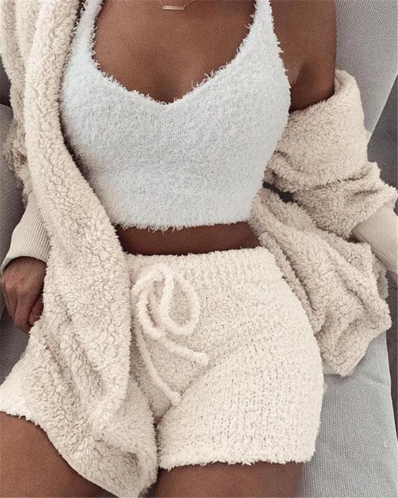 Women’s (3pcs) Pajama Set Long Sleeve Robe Crop top Tank Drawstring Shorts