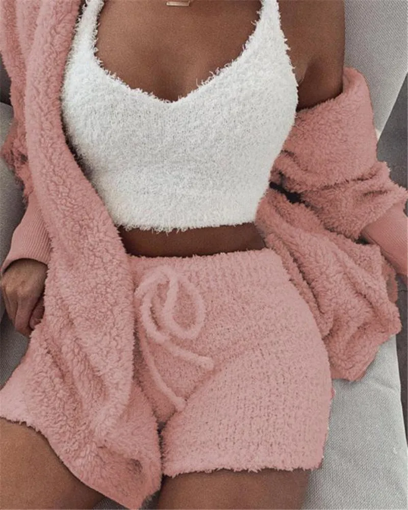 Women’s (3pcs) Pajama Set Long Sleeve Robe Crop top Tank Drawstring Shorts